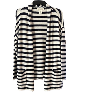 H&M L.O.G.G. Fisherman Striped Navy + White Cardigan Open Front Pockets Size S